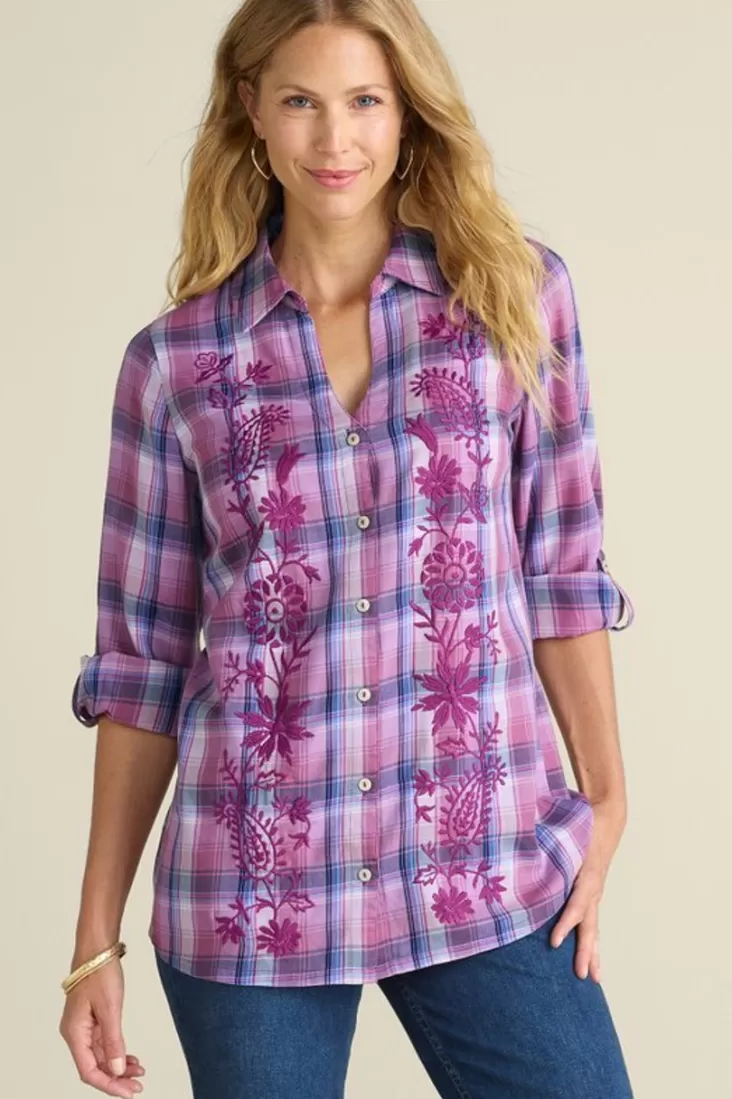 Soft Surroundings Gracie Embroidered Plaid Big Shirt