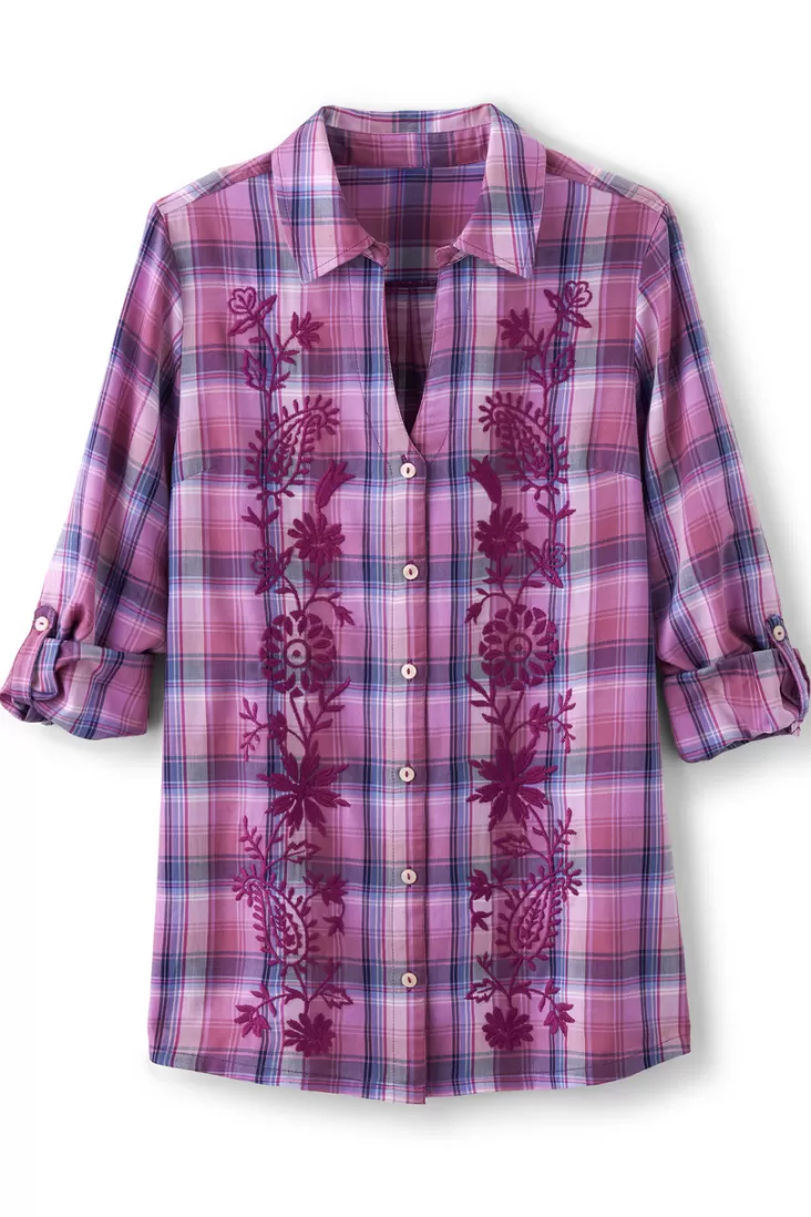 Soft Surroundings Gracie Embroidered Plaid Big Shirt