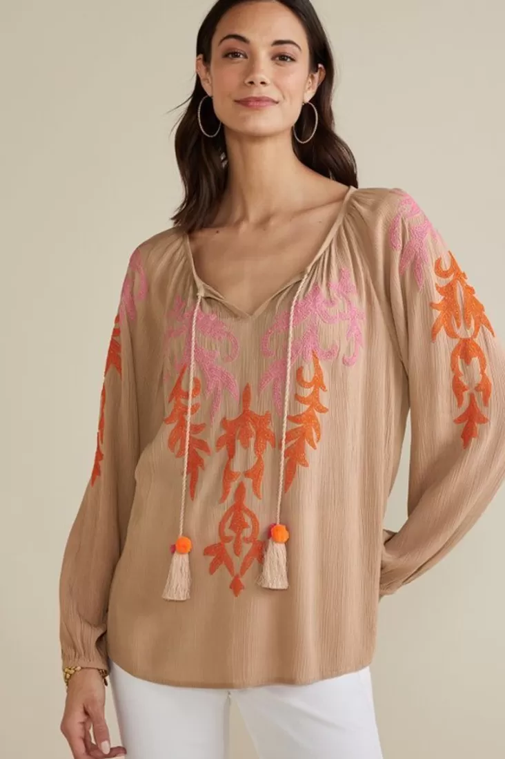 Soft Surroundings Noura Embroidered Gauze Pullover