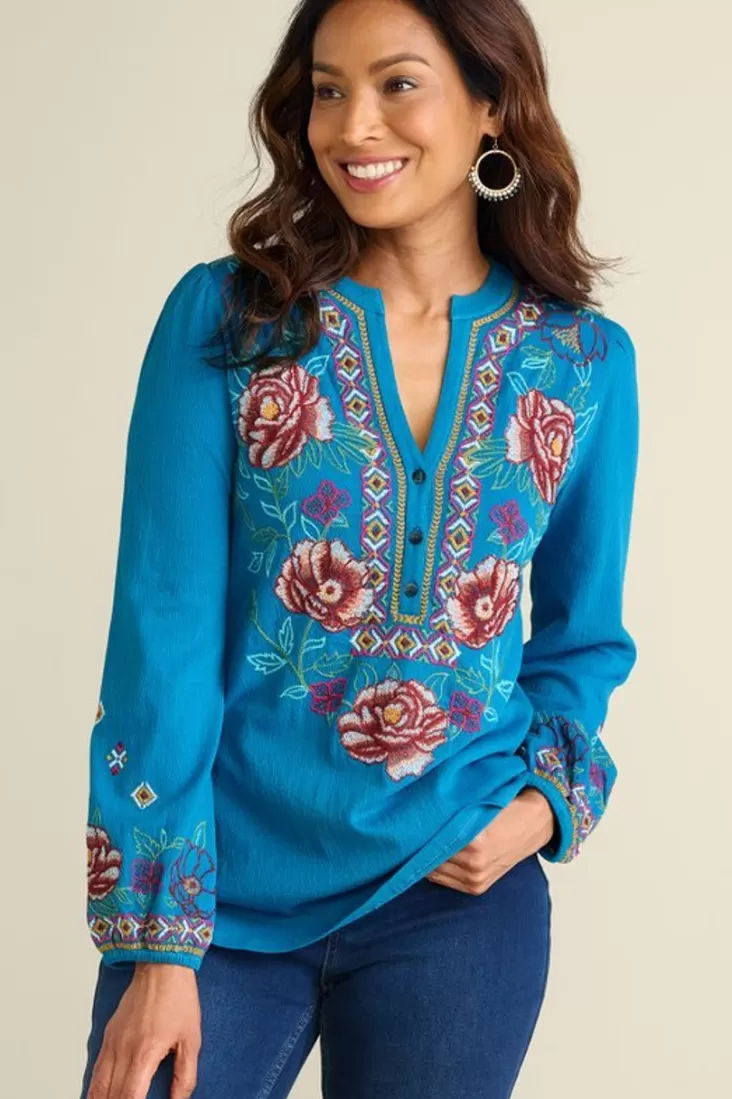 Soft Surroundings Riva Embroidered Knit Gauze Top